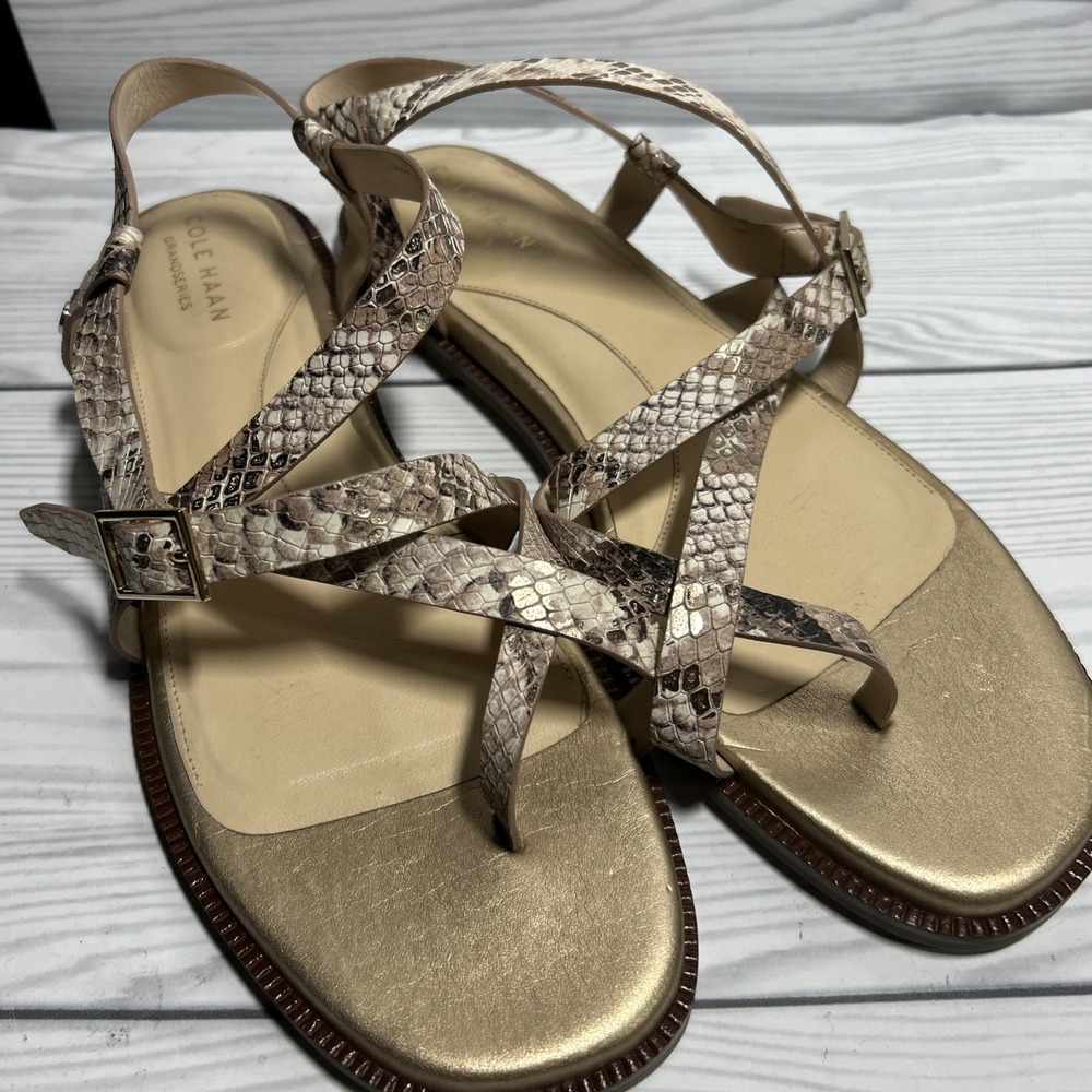COLE Haan Women's Wilma Strappy Sandal Flat Ivory & Gold Snake Skin  Size 9.5B